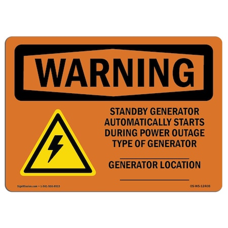 Signmission Safety Sign, OSHA WARNING, 3.5" Height, Standby Generator Automatically With Symbol, Landscape OS-WS-D-35-L-12408